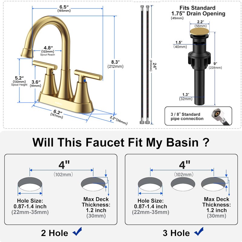 Hurran 4 inch Brushed Gold Bathroom Sink Faucet with Pop-up Drain and 2 Supply Hoses, Stainless Steel Lead-Free 2-Handle Centerset Faucet for Bathroom Sink Vanity RV - Image 3