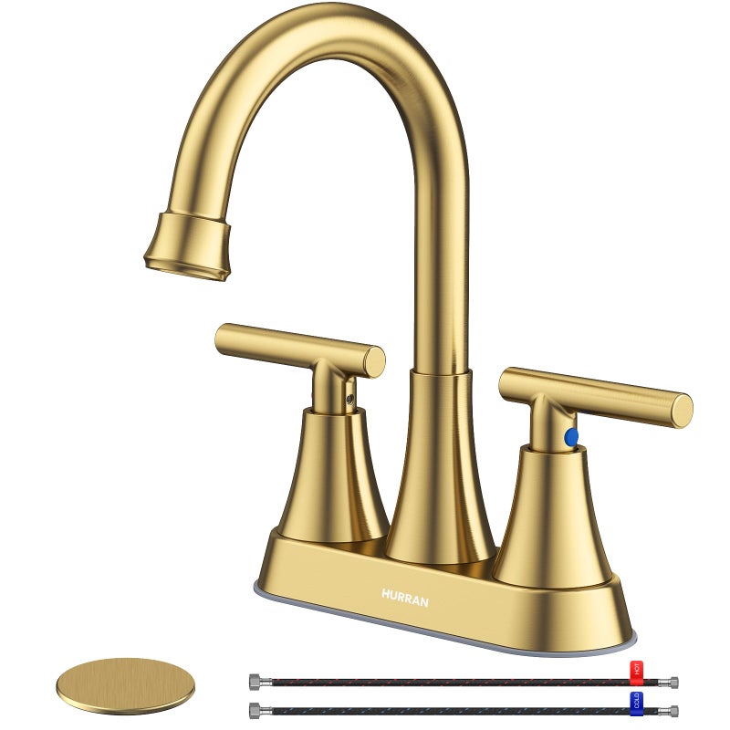 Hurran 4 inch Brushed Gold Bathroom Sink Faucet with Pop-up Drain and 2 Supply Hoses, Stainless Steel Lead-Free 2-Handle Centerset Faucet for Bathroom Sink Vanity RV - Image 1