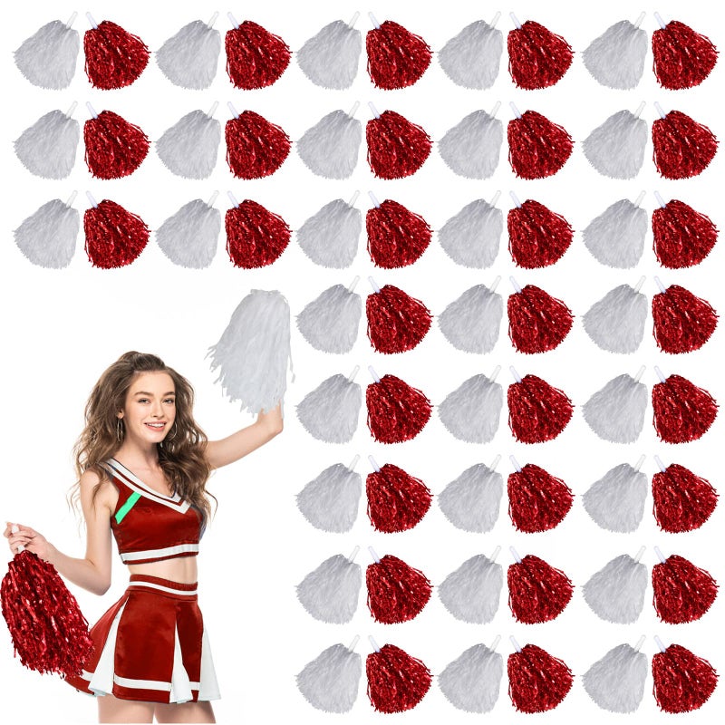 Hanaive 60 Pcs Cheerleading Pom Poms Cheer Pompoms Metallic Foil Pompoms with Plastic Handles for Cheering Squad Team Spirited Sports Dance(Red, White) - Image 1