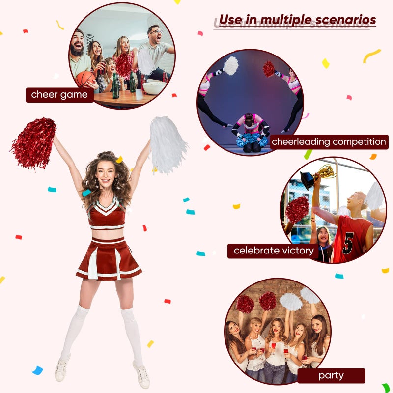 Hanaive 60 Pcs Cheerleading Pom Poms Cheer Pompoms Metallic Foil Pompoms with Plastic Handles for Cheering Squad Team Spirited Sports Dance(Red, White) - Image 4