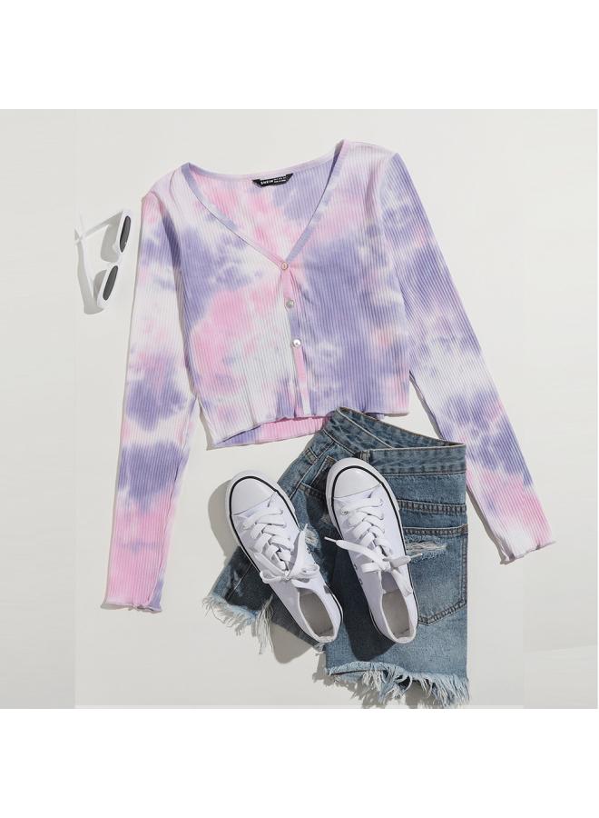 Song Feng Ya Spring New European And American Fashion Tie-dyed Long-sleeved Cardigan T-shirt Casual All-match Slim-fit Slimming V-neck T-shirt For Women