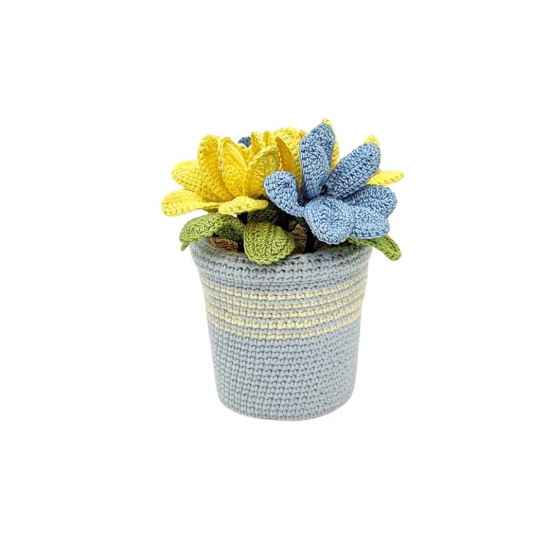 Happy Threads|Handmade Crocheted Flower Pot,Eco-Friendly & Elegant Floral Arrangements,Best Decorative & Gifting Items for Home and Office -Blue & Yellow Tulips - Image 1