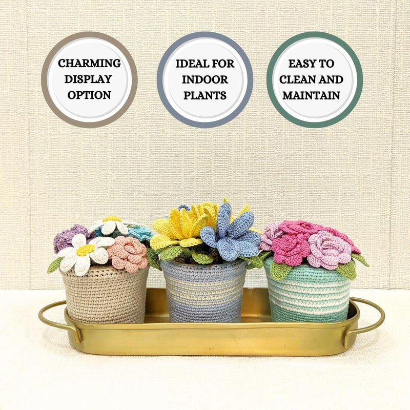 Happy Threads|Handmade Crocheted Flower Pot,Eco-Friendly & Elegant Floral Arrangements,Best Decorative & Gifting Items for Home and Office -Blue & Yellow Tulips - Image 4