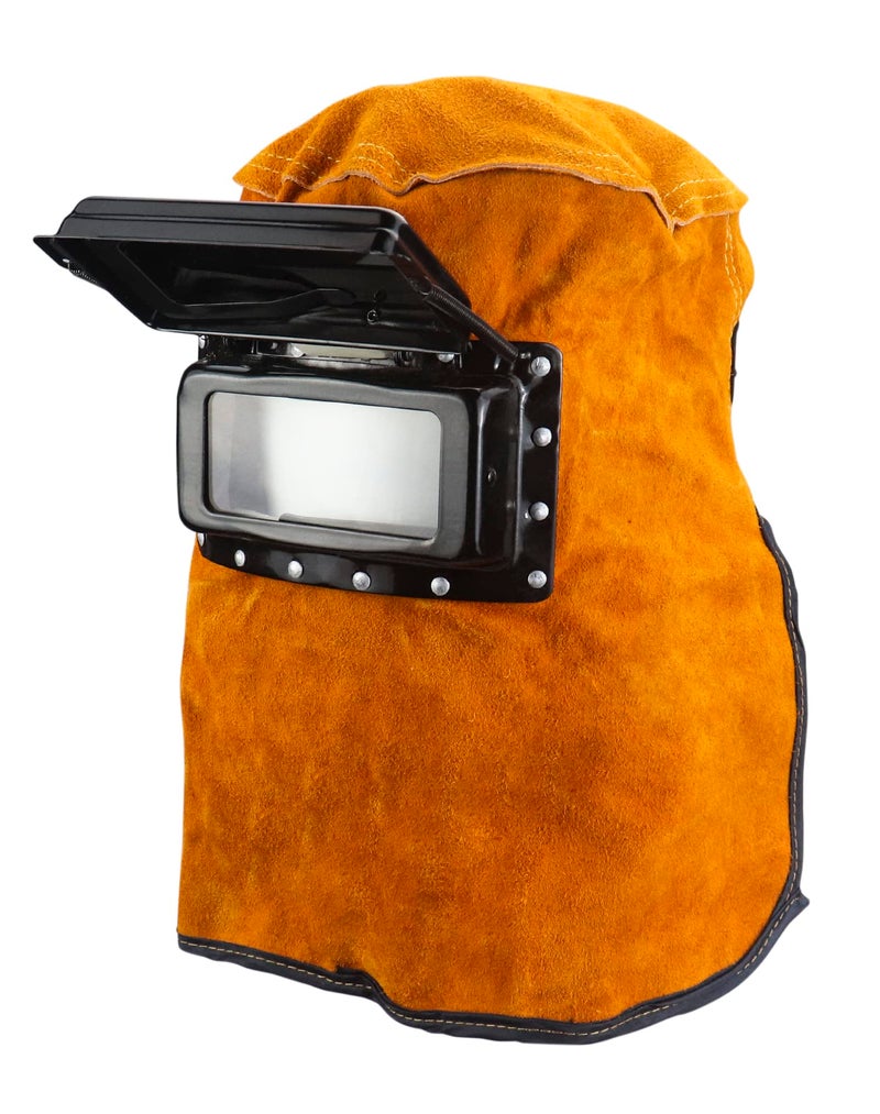 QWORK Welding Helmet Mask with Flip Open Lens, Leather Welding Hood Grinding Protective Gear Work Cap Head Face Neck Shield, Flame & Heat Resistant, Dust Resistant, Breathable - Image 1