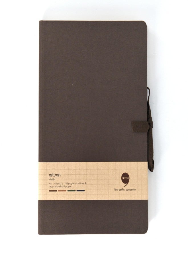 COMMA Artisan | A5 Size | Checks Hard Bound Notebook with Ribbon Closure | 192 Pages | 100gsm Kraft Paper | Linen Fabric Cover Material (Brown) - Image 1