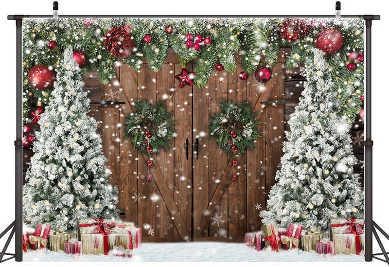 ARS Christmas Backdrops for Photography, Winter Rustic Barn Wood Door Photo Background Xmas Eve Tree Snow Banner Family Holiday Party Decoration Supplies Portraits Photo Booth Studio Props 7x5ft - Image 2