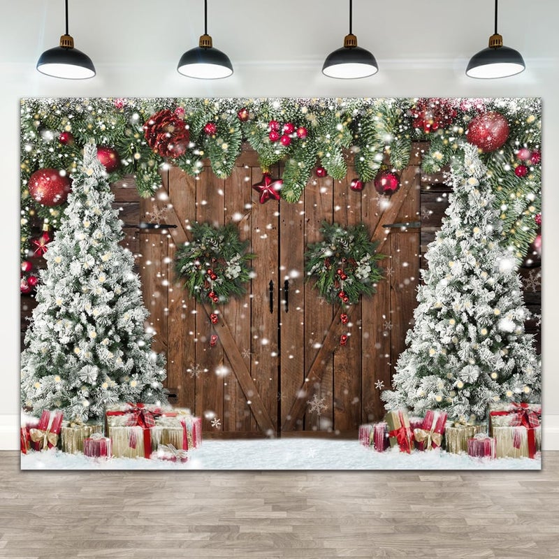 ARS Christmas Backdrops for Photography, Winter Rustic Barn Wood Door Photo Background Xmas Eve Tree Snow Banner Family Holiday Party Decoration Supplies Portraits Photo Booth Studio Props 7x5ft - Image 1