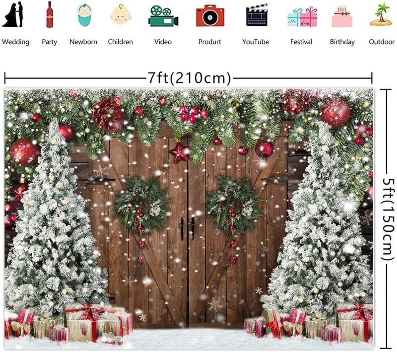 ARS Christmas Backdrops for Photography, Winter Rustic Barn Wood Door Photo Background Xmas Eve Tree Snow Banner Family Holiday Party Decoration Supplies Portraits Photo Booth Studio Props 7x5ft - Image 3