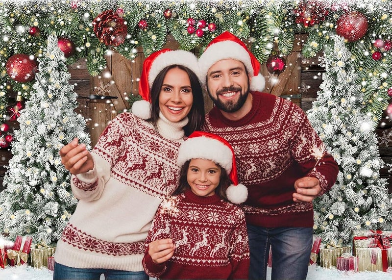 ARS Christmas Backdrops for Photography, Winter Rustic Barn Wood Door Photo Background Xmas Eve Tree Snow Banner Family Holiday Party Decoration Supplies Portraits Photo Booth Studio Props 7x5ft - Image 4