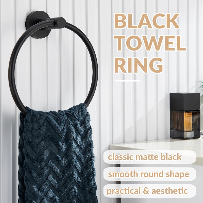 APLusee Matte Black Towel Ring Wall Mounted, Hand Towel Holder for Bathroom, Solid Stainless Steel Round Wall Hanger - Image 2