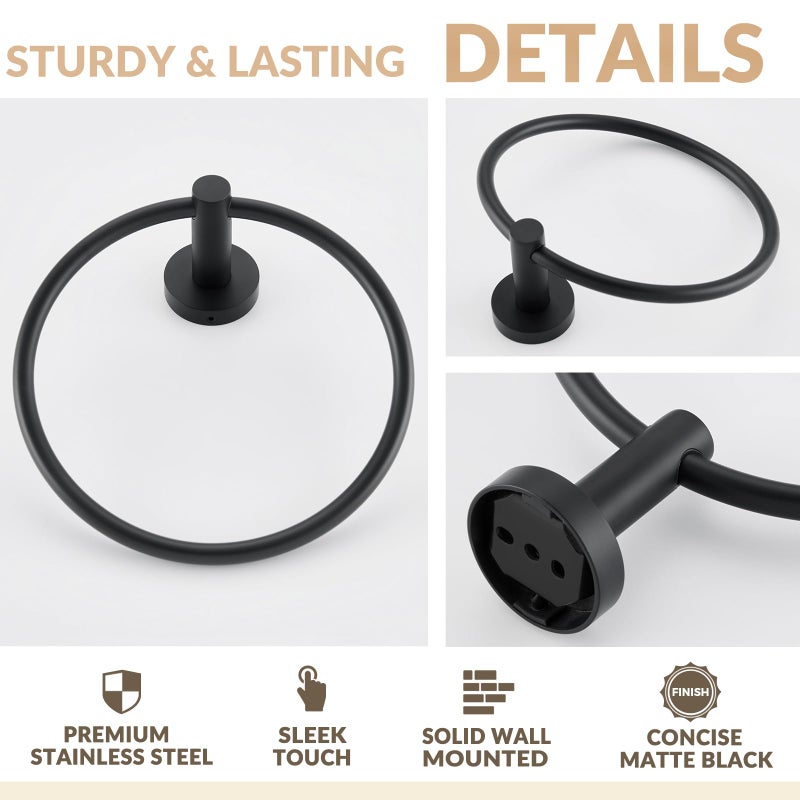 APLusee Matte Black Towel Ring Wall Mounted, Hand Towel Holder for Bathroom, Solid Stainless Steel Round Wall Hanger - Image 5