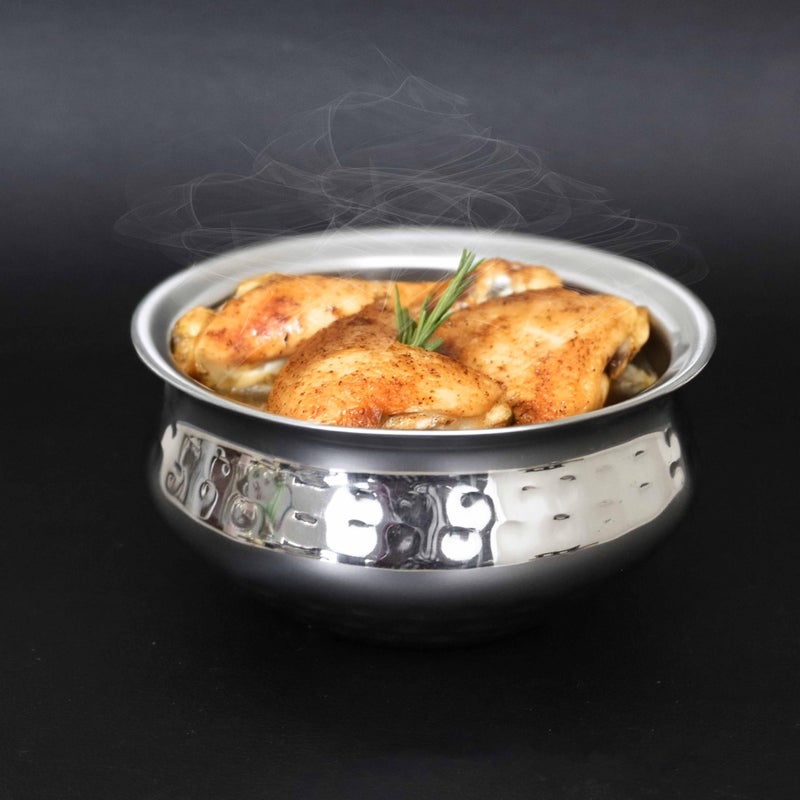 Spillbox Stainless Steel Kitchen Utensils Cooking Serving Tope Set|Handi Set|Urli |Serveware|Tope|Patila|Tope Set|Cookware Bowl- Hammered Briyani Handi (Large) - Image 1
