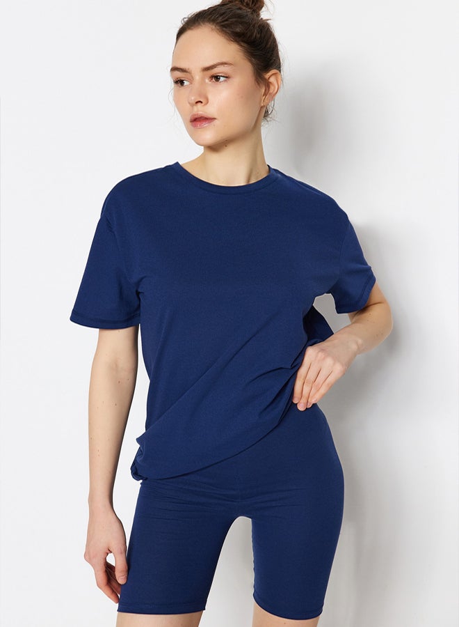 trendyol Navy Blue % Cotton Shorts/Tights Knitted Pajama Set - Image 2