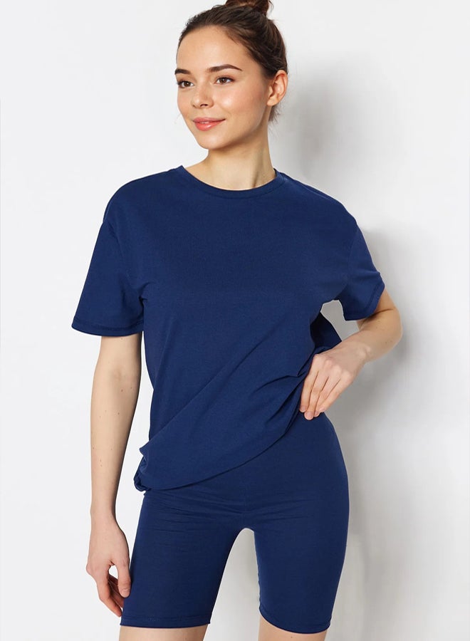 trendyol Navy Blue % Cotton Shorts/Tights Knitted Pajama Set - Image 1