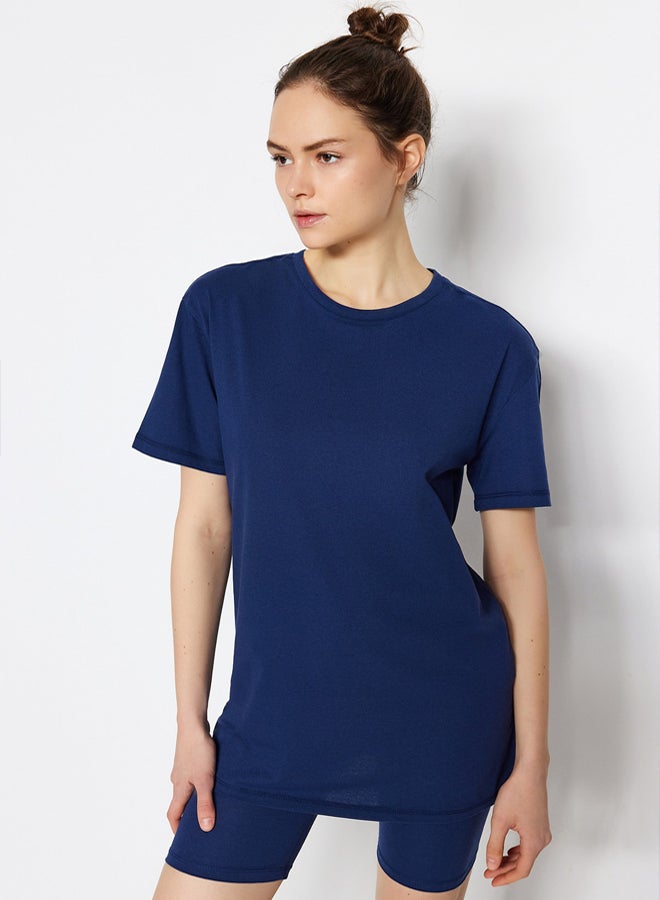 trendyol Navy Blue % Cotton Shorts/Tights Knitted Pajama Set - Image 3