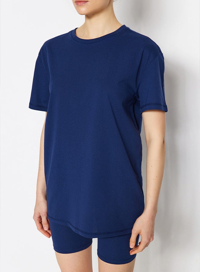 trendyol Navy Blue % Cotton Shorts/Tights Knitted Pajama Set - Image 4