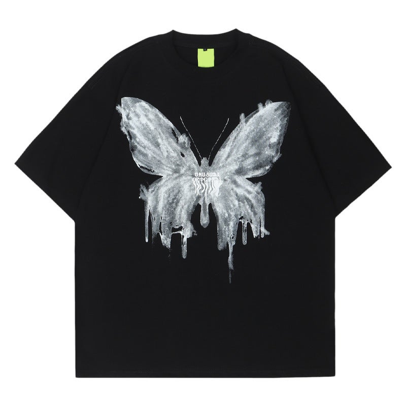 YPRS Men's pink Butterfly Printed oversize American Street Niche Loose Loose Couple Ins Short-sleeved T-shirt - Image 1