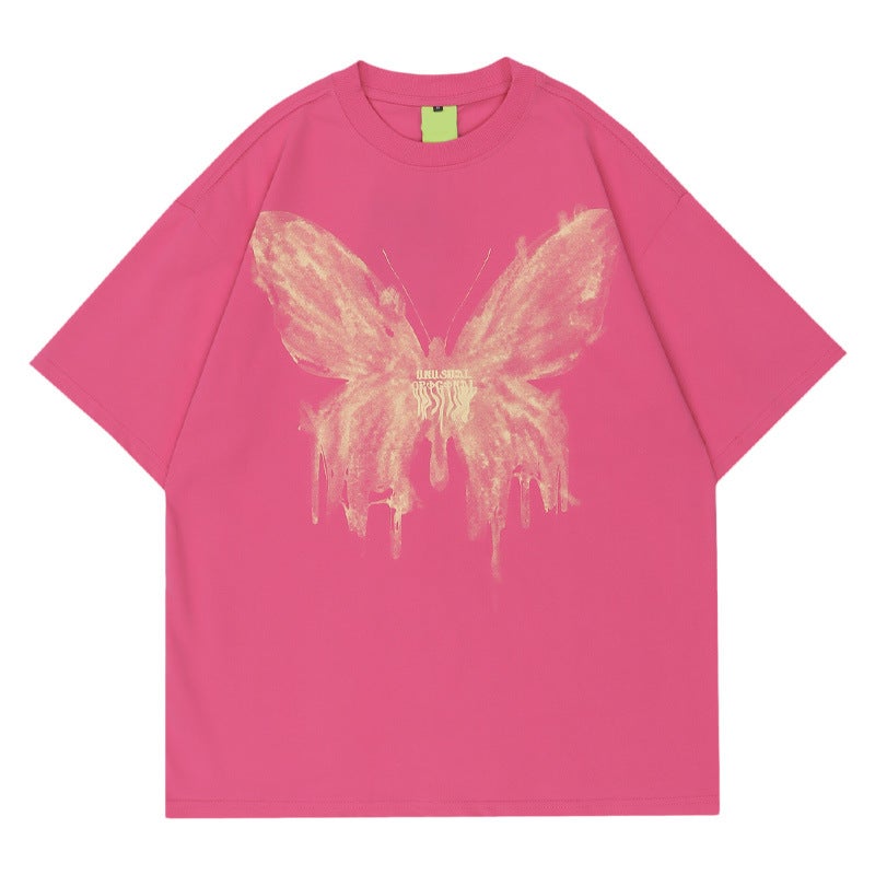 YPRS Men's pink Butterfly Printed oversize American Street Niche Loose Loose Couple Ins Short-sleeved T-shirt - Image 2