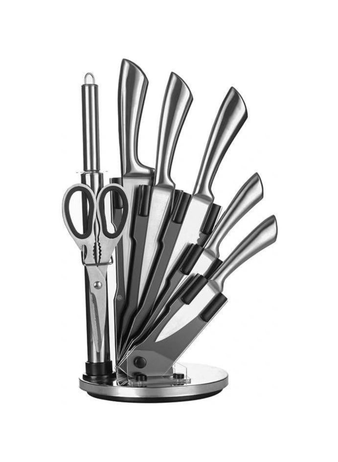 Cuisine Art 8-Piece Professional Kitchen Cutting Tool Set with Revolving Stand – Includes Chef, Cleaver, Slicer, Utility & Fruit Cutters, Scissors, Sharpening Rod, and Tool Block – Silver - Image 1