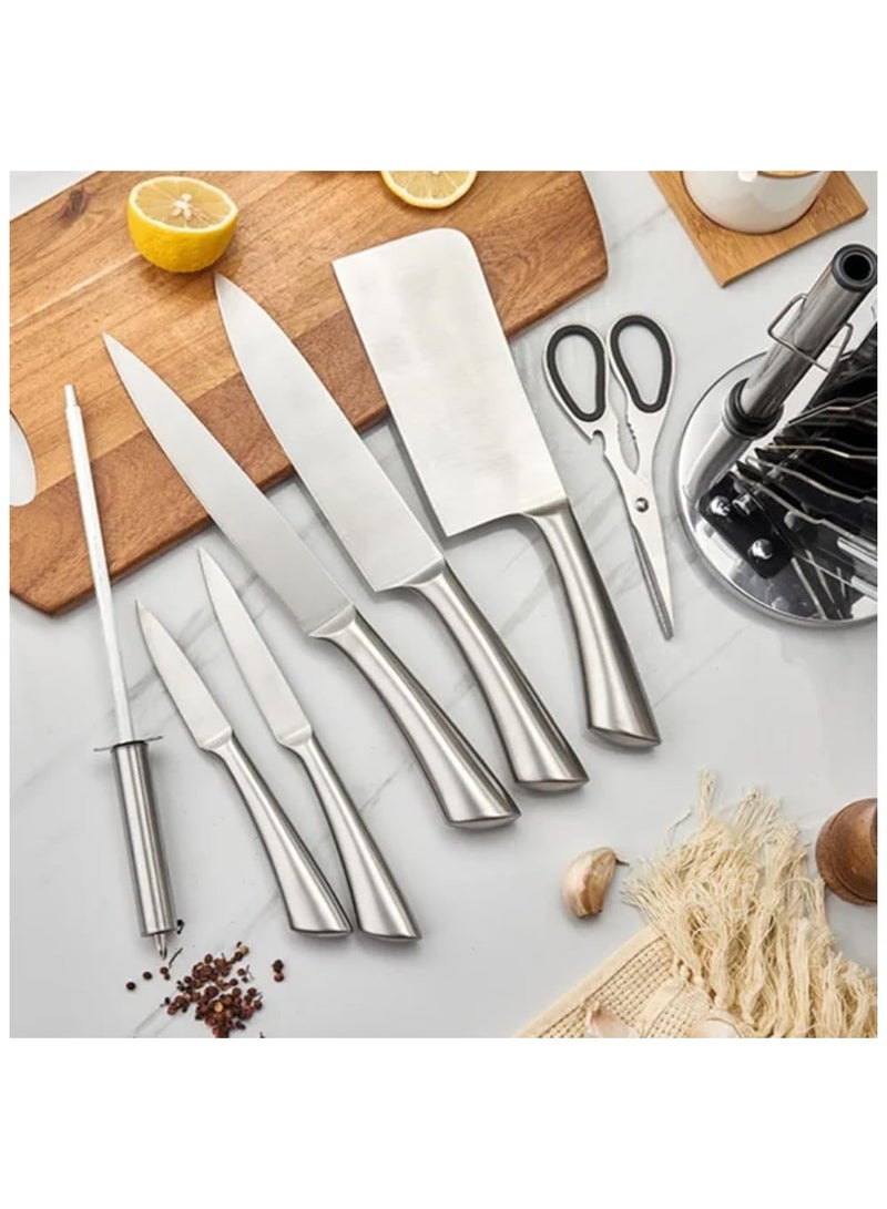 Cuisine Art 8-Piece Professional Kitchen Cutting Tool Set with Revolving Stand – Includes Chef, Cleaver, Slicer, Utility & Fruit Cutters, Scissors, Sharpening Rod, and Tool Block – Silver - Image 2