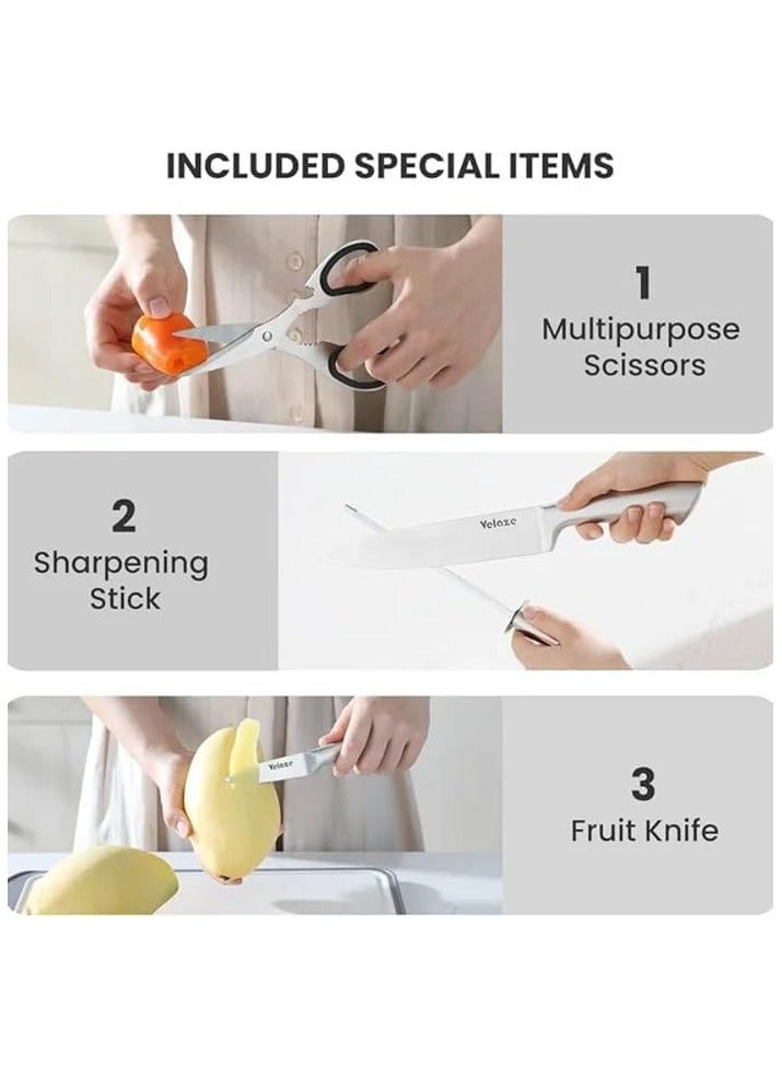 Cuisine Art 8-Piece Professional Kitchen Cutting Tool Set with Revolving Stand – Includes Chef, Cleaver, Slicer, Utility & Fruit Cutters, Scissors, Sharpening Rod, and Tool Block – Silver - Image 5