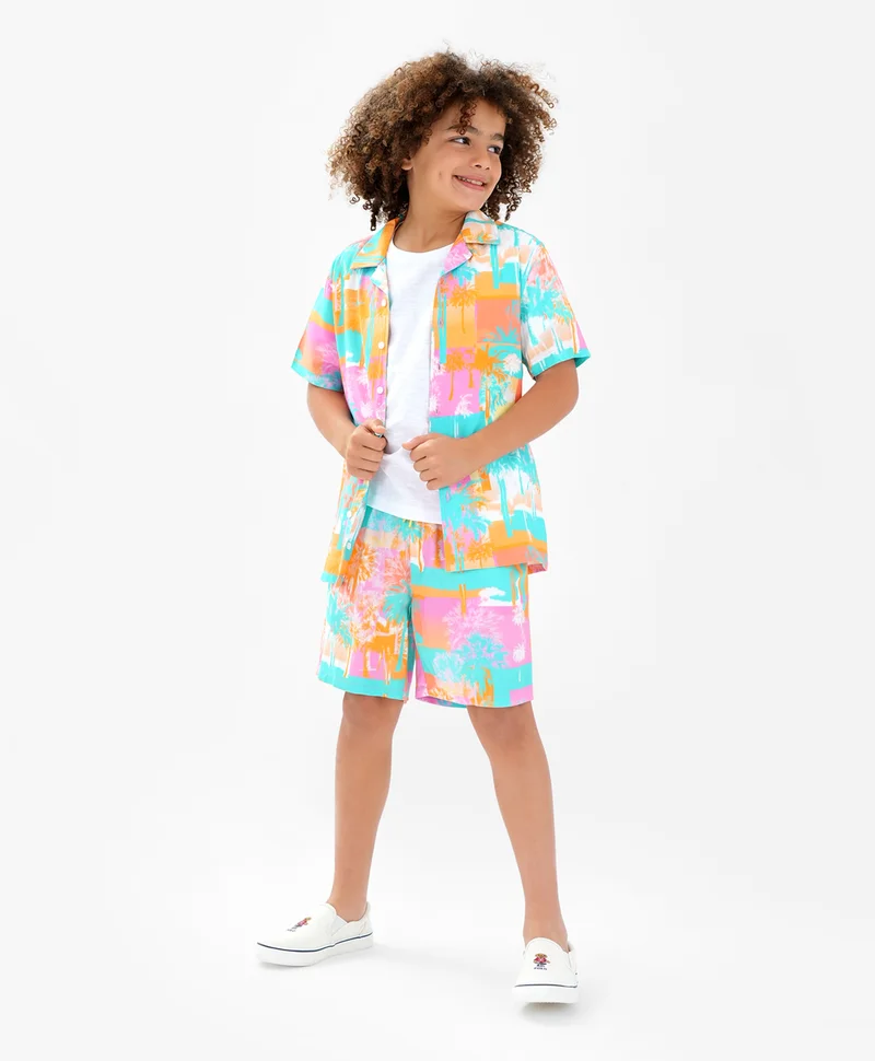 Primo Gino Primo Gino 100% Viscose Half Sleeves Resort Collar Photographic Print Shirt & Shorts/Co-ord Set - Multi Color