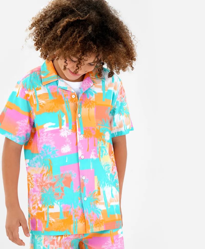 Primo Gino Primo Gino 100% Viscose Half Sleeves Resort Collar Photographic Print Shirt & Shorts/Co-ord Set - Multi Color