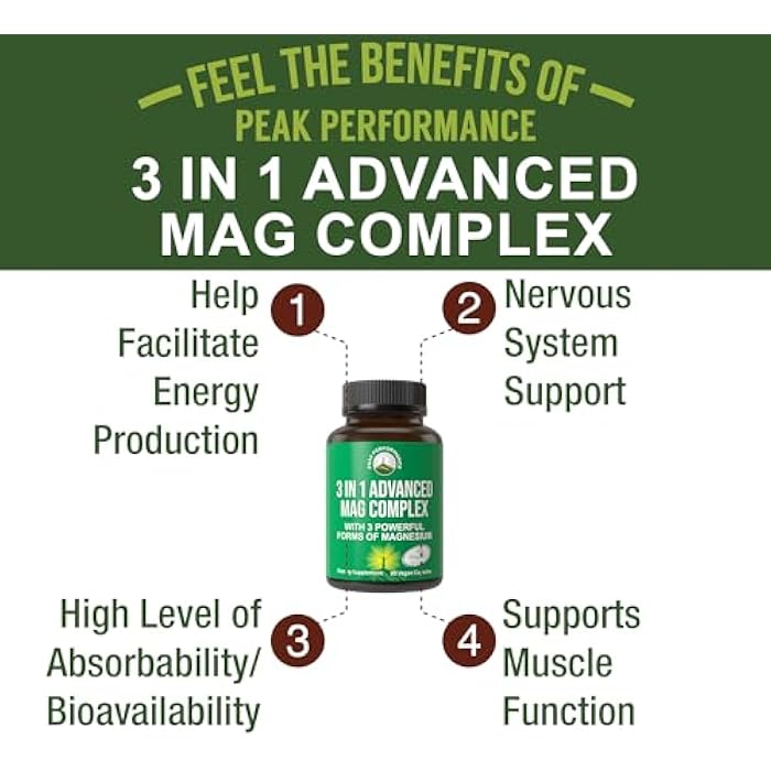 Peak Performance 3 in 1 Advanced Magtein Magnesium Complex Capsules with Clinically Tested Magnesium L-Threonate, Glycinate & Taurinate. High Absorption & Bioavailability. Support Brain, Focus & Memory. 90 Vegan Pills - Image 2