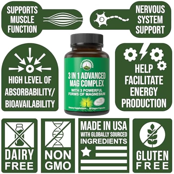 Peak Performance 3 in 1 Advanced Magtein Magnesium Complex Capsules with Clinically Tested Magnesium L-Threonate, Glycinate & Taurinate. High Absorption & Bioavailability. Support Brain, Focus & Memory. 90 Vegan Pills - Image 3