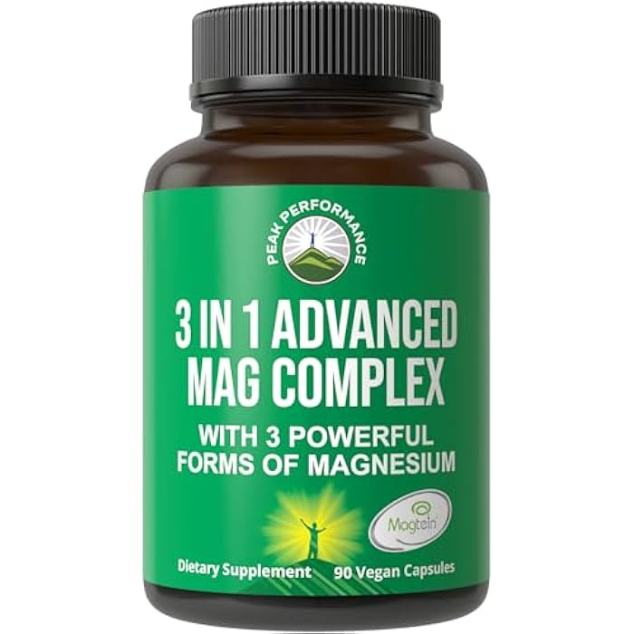 Peak Performance 3 in 1 Advanced Magtein Magnesium Complex Capsules with Clinically Tested Magnesium L-Threonate, Glycinate & Taurinate. High Absorption & Bioavailability. Support Brain, Focus & Memory. 90 Vegan Pills - Image 1