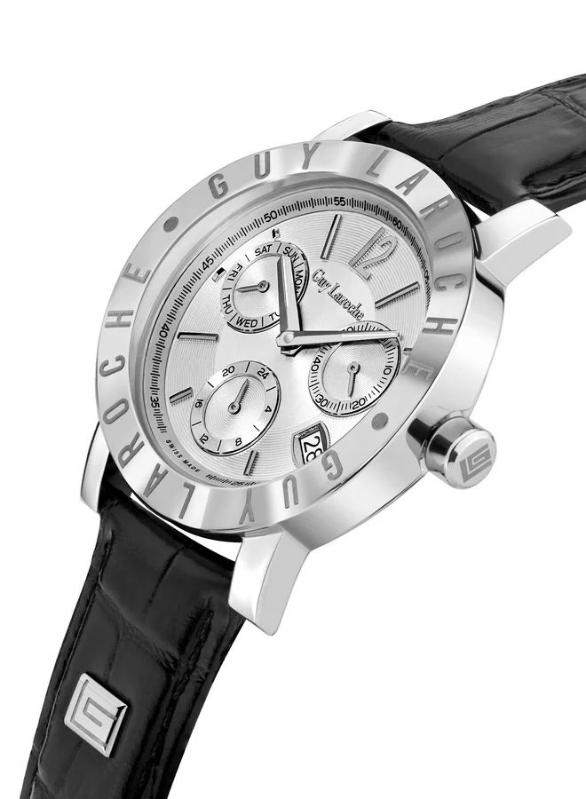 Guy Laroche Alex Silver Dial Black Leather Strap Chronograph Watch for Men 42mm