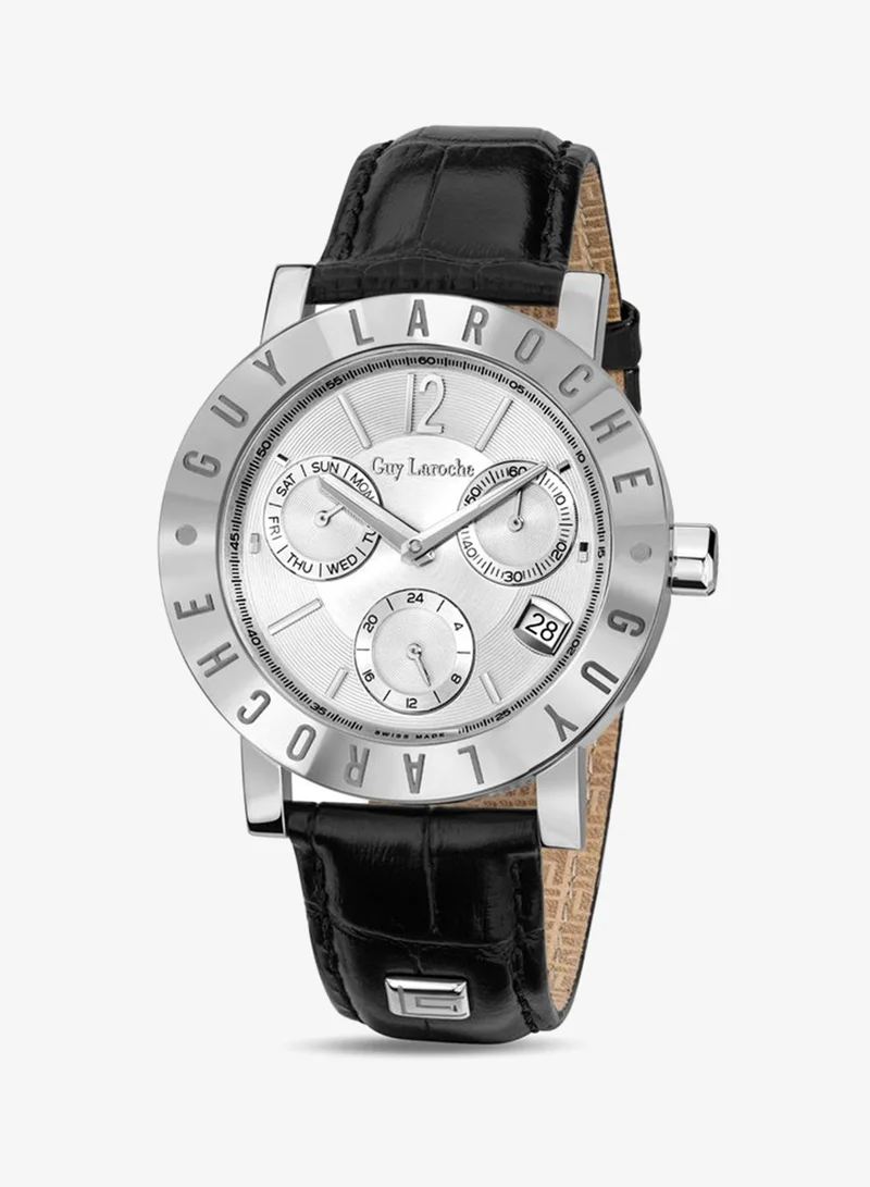 Guy Laroche Alex Silver Dial Black Leather Strap Chronograph Watch for Men 42mm