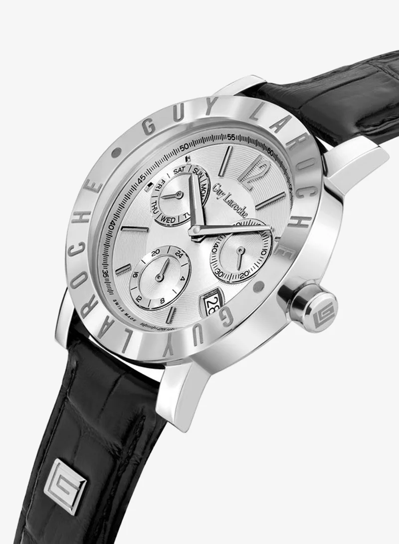 Guy Laroche Alex Silver Dial Black Leather Strap Chronograph Watch for Men 42mm