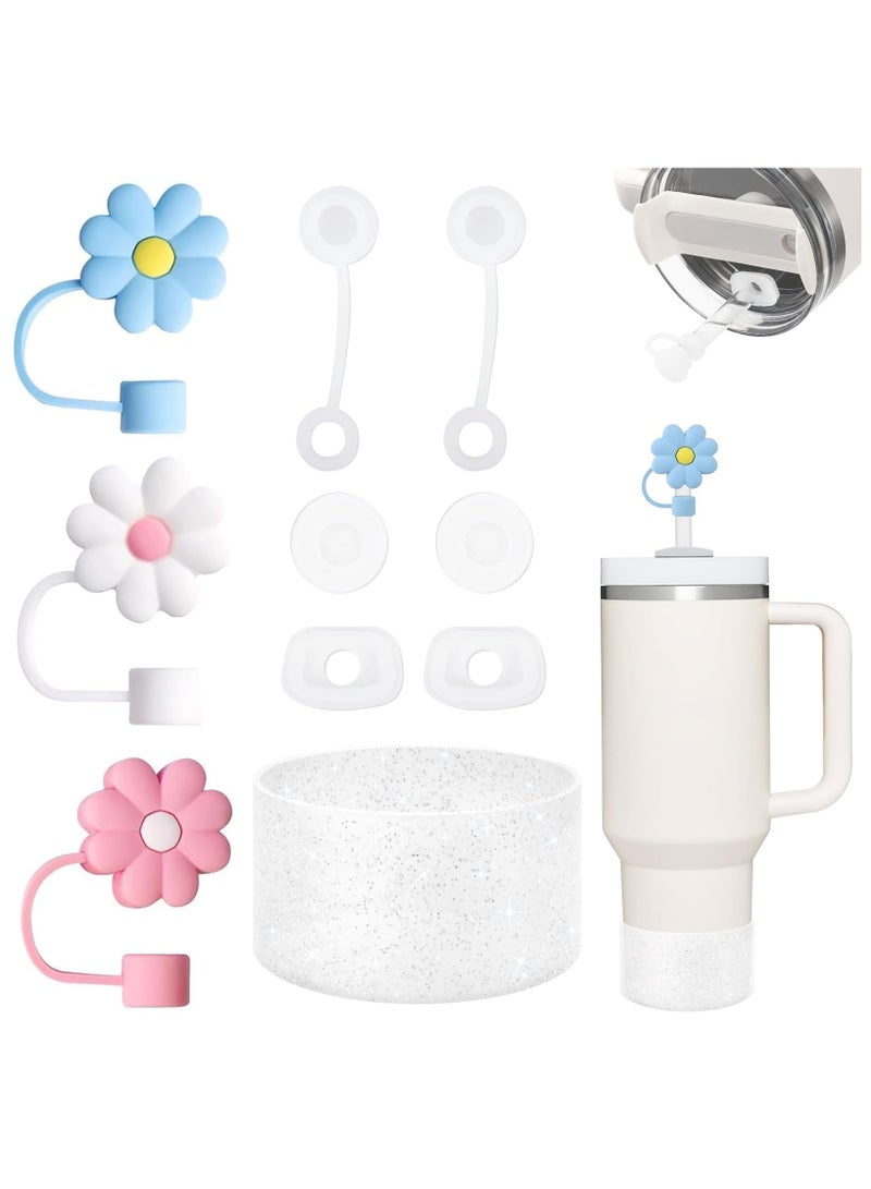 10 PCS Stanley Cup Accessories Set Including 6 Pcs Silicone Spill Proof Stopper, 3 Pcs 10mm Flower Straw Cover Cap, 1 Pcs Bling Silicone Boot Sleeve for Stanley Cup Stanley 40oz  30oz Tumbler - Image 1