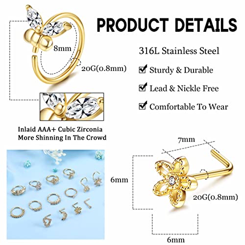 ORAZIO 16Pcs Nose Rings For Women Surgical Steel Nose Studs Hoops 20G Nose Hoop Corkscrew L Shaped Nose Stud Gold Silver Nose Ring Nose Piercing Jewelry (Gold Tone) - Image 5