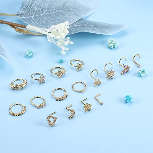 ORAZIO 16Pcs Nose Rings For Women Surgical Steel Nose Studs Hoops 20G Nose Hoop Corkscrew L Shaped Nose Stud Gold Silver Nose Ring Nose Piercing Jewelry (Gold Tone) - Image 4