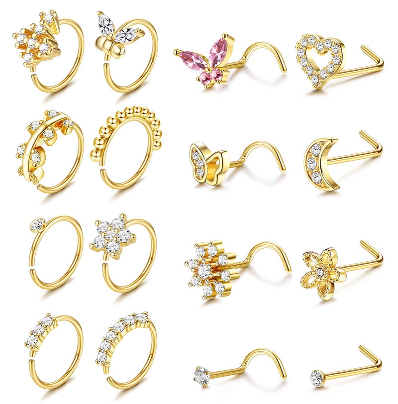 ORAZIO 16Pcs Nose Rings For Women Surgical Steel Nose Studs Hoops 20G Nose Hoop Corkscrew L Shaped Nose Stud Gold Silver Nose Ring Nose Piercing Jewelry (Gold Tone) - Image 1