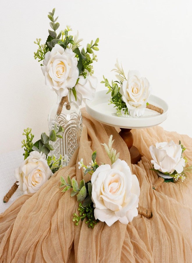 Gvhntk Ivory Rose Boutonniere for Men Wedding Set of 6 Groom Groomsmen Best Man Artificial Flowers Boutonniere for Wedding Ceremony Anniversary Prom Flowers Formal Dinner Party (6, White, Middle) - Image 2