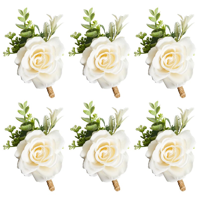 Gvhntk Ivory Rose Boutonniere for Men Wedding Set of 6 Groom Groomsmen Best Man Artificial Flowers Boutonniere for Wedding Ceremony Anniversary Prom Flowers Formal Dinner Party (6, White, Middle) - Image 1