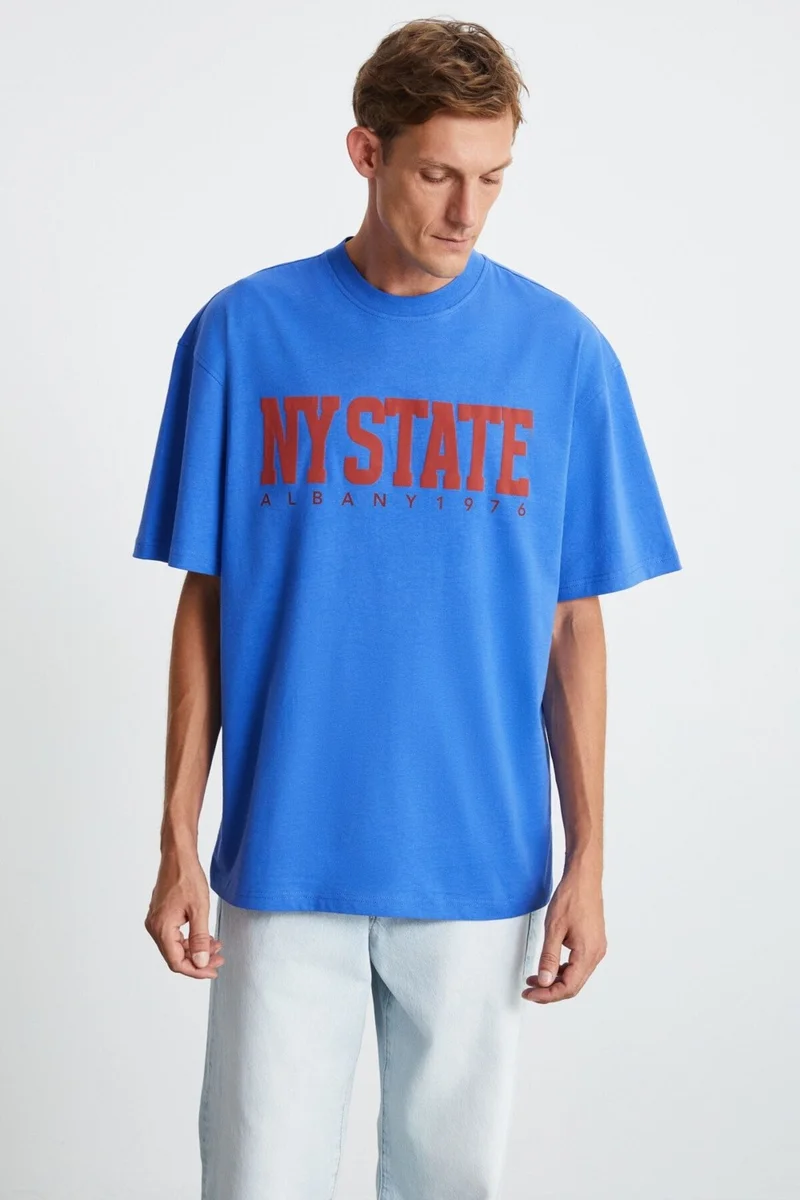 GRIMELANGE ATLANTA Men's 100% Cotton Short Sleeve Printed Parliament Blue T-Shirt