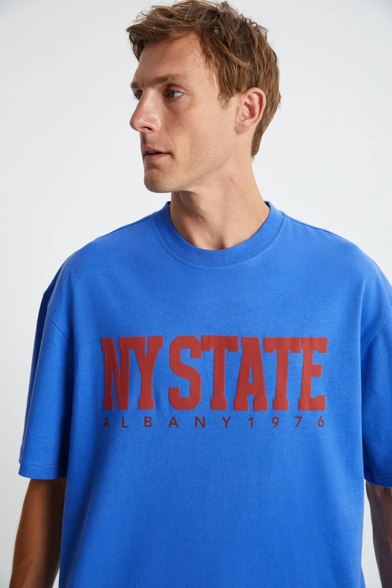 GRIMELANGE ATLANTA Men's 100% Cotton Short Sleeve Printed Parliament Blue T-Shirt