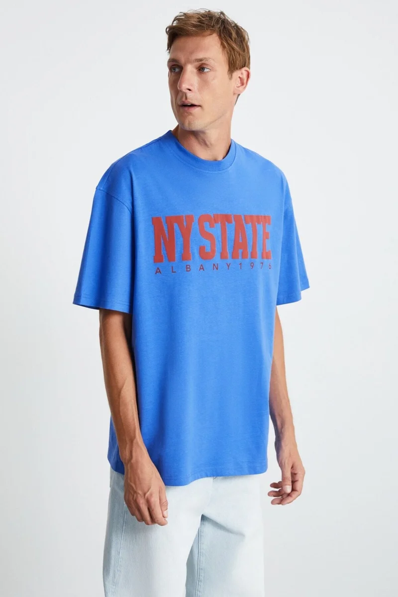 GRIMELANGE ATLANTA Men's 100% Cotton Short Sleeve Printed Parliament Blue T-Shirt