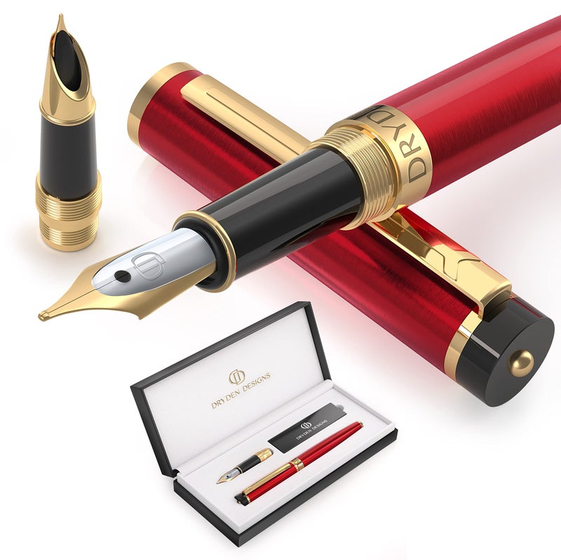 Dryden Designs Fountain Pen - Medium and Fine Nibs | Includes Luxury Box, Ink Cartridges - 3 Black 3 Blue and Ink Refill Converter - Royal Red - Image 1