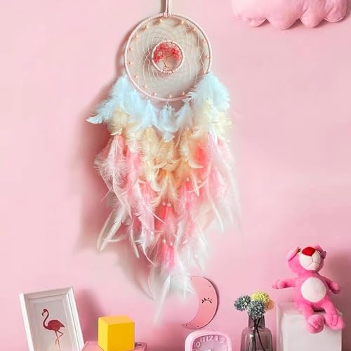 Ekhasa Nostrae by Ekhasa Dream Catcher with Tree of Life | Pink Feather Wall Hanging for Bedroom, Balcony & Living Room | Boho Dreamcatcher for Home Décor | Medium Size Dream Catcher for Girls & Kids Room - Image 1