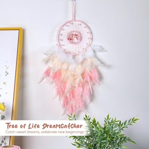Ekhasa Nostrae by Ekhasa Dream Catcher with Tree of Life | Pink Feather Wall Hanging for Bedroom, Balcony & Living Room | Boho Dreamcatcher for Home Décor | Medium Size Dream Catcher for Girls & Kids Room - Image 2