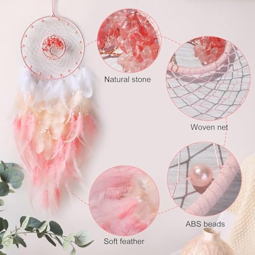 Ekhasa Nostrae by Ekhasa Dream Catcher with Tree of Life | Pink Feather Wall Hanging for Bedroom, Balcony & Living Room | Boho Dreamcatcher for Home Décor | Medium Size Dream Catcher for Girls & Kids Room - Image 5