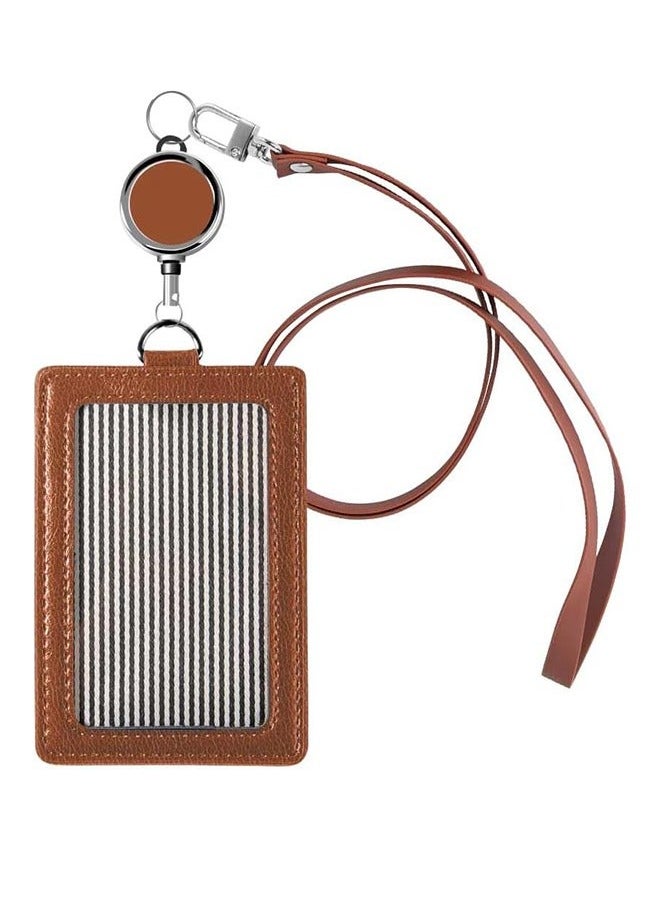 Generic PU Leather ID Badge Card Holder Wallet-Style Protective Case Vertical ID Card Case With Neck Lanyard Business Credit Card ID Badge Lanyard Keychain (Brown)  - Image 1