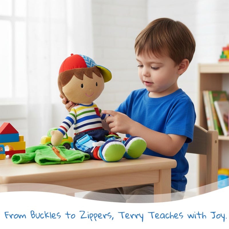 June Garden 15.5" Dressy Friends Terry - Educational Stuffed Plush Doll for Kids and Toddlers 2 Years and Up - Montessori Buckle Soft Toy - Image 4