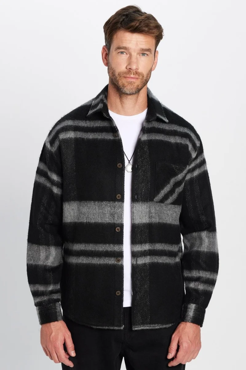 تودورس Men's Relax Fit Casual Cut Lumberjack Single Pocket Checkered Winter Raised Shirt
