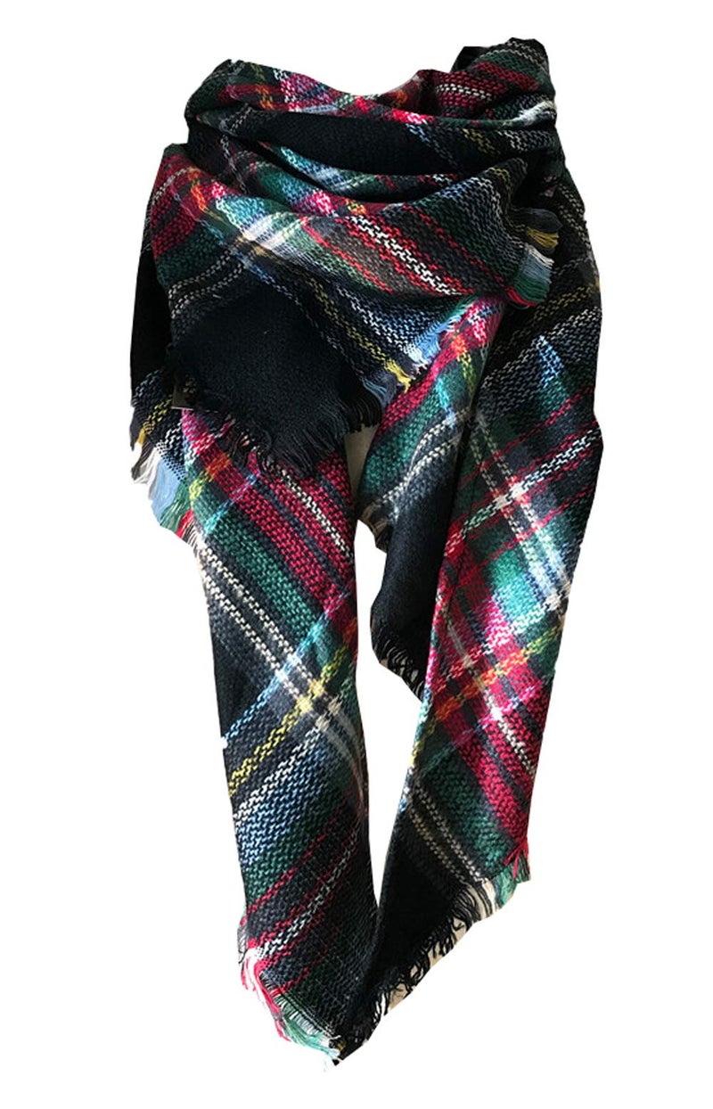 Wander Agio Womens Warm Scarf Triangle Shawls Large Scarves Stripe Plaid Fichu Black Green 18 - Image 1